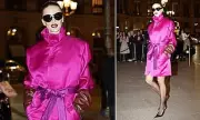 Rosie Huntington-Whiteley Stuns in Pink Satin at Paris Fashion Week YSL Show