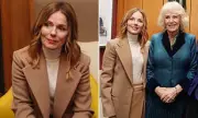 Geri Halliwell-Horner Ditches Signature White for Camel Coat During Royal Visit with Queen Camilla
