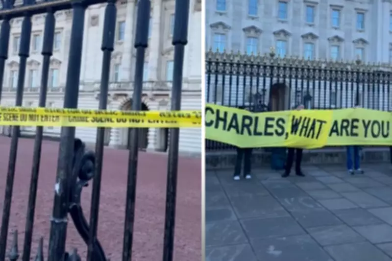Crime Scene Tape Draped Over Buckingham Palace Gates in Epstein Protest
