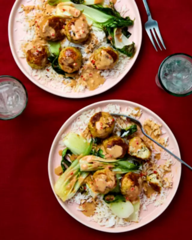Quick Meatballs with Ginger, Sesame, Rice and Greens Recipe