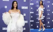 Irina Shayk Stuns at Sanremo Festival Photocall in White Lace Dress