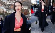 Lily Collins Stuns at Calvin Klein Show in Coral Crop Top and Black Trench