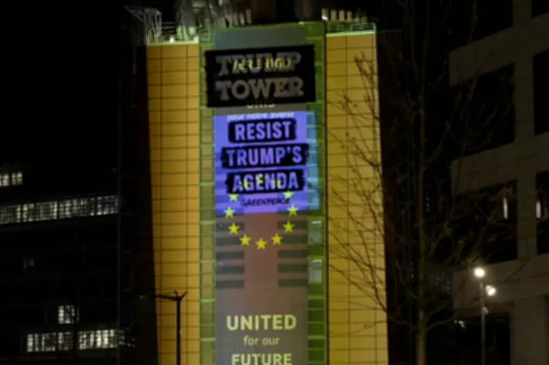 Greenpeace Projects Golden 'Trump Tower' Onto EU Commission HQ in Brussels