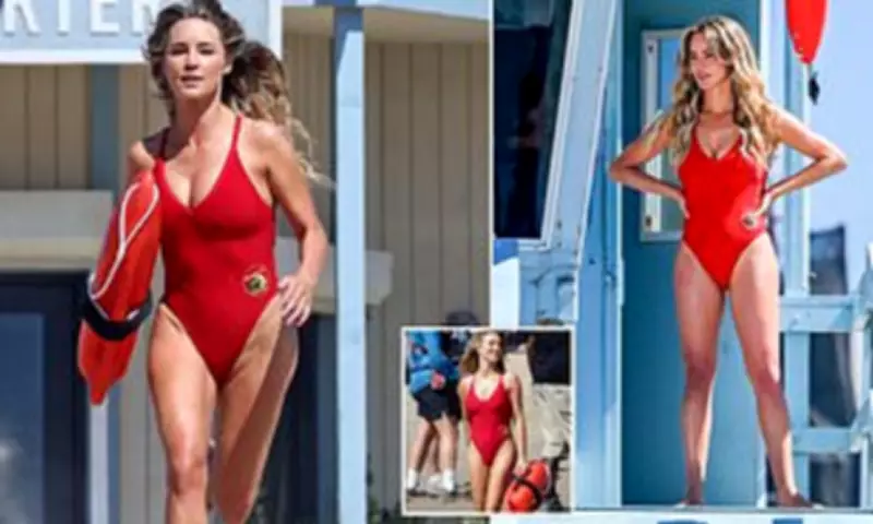 Hassie Harrison Shines in Red on Baywatch Reboot Set as Foster Kid-Turned-Olympian