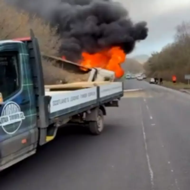 Lorry Erupts in Flames on A1, Tyres Soar 30 Feet in Dramatic Crash