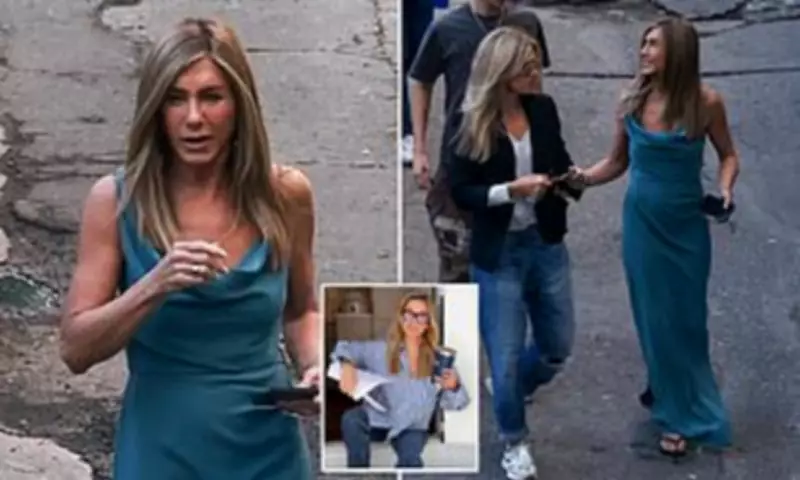 Jennifer Aniston Films Morning Show Season 5 in Teal Gown and Flip-Flops