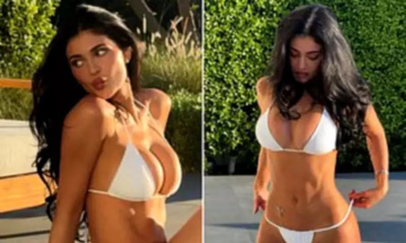Kylie Jenner Flaunts Figure in Plunging White Bikini During Poolside Photoshoot