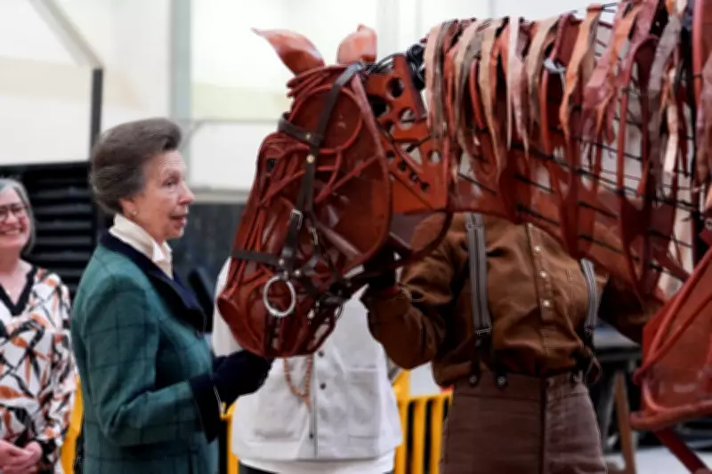 Princess Anne Jokes with War Horse Puppet Joey at National Theatre Visit