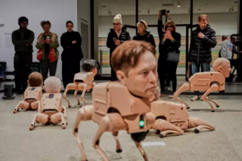 Robot Dogs with Musk and Zuckerberg Heads Roam Berlin Gallery in Beeple Exhibit