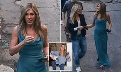 Jennifer Aniston Films Morning Show Season 5 in Teal Gown and Flip-Flops