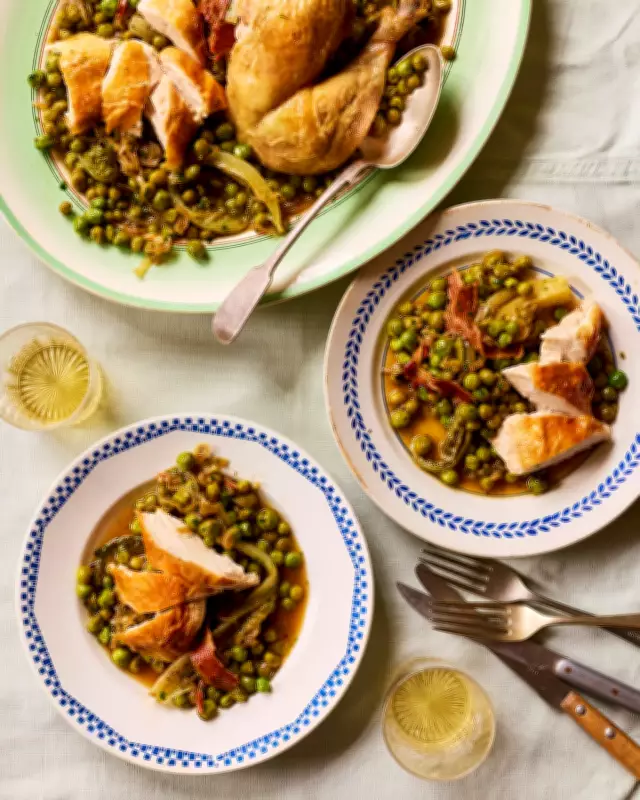 Cornish Roast Chicken with Braised Peas and Lettuce Recipe