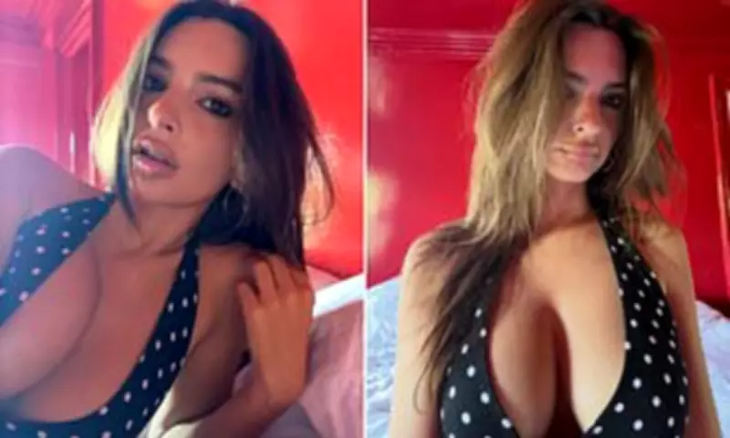Emily Ratajkowski Stuns Followers with Cleavage-Baring Selfies in Red Bedroom