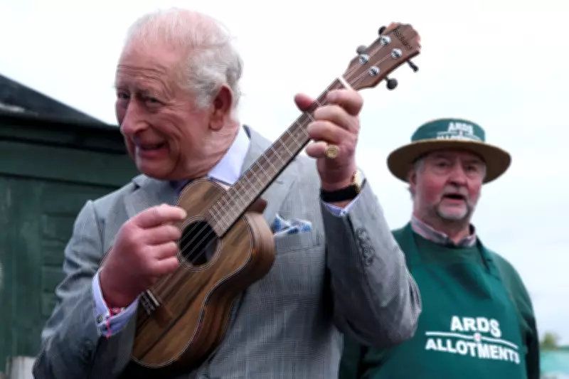 King Charles Strumming Ukulele at Allotment Visit in Northern Ireland