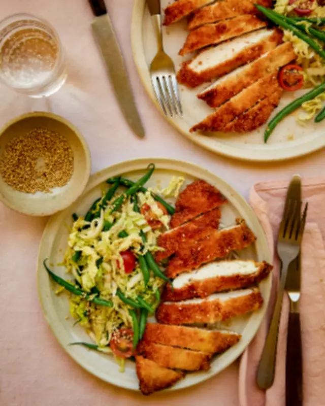Quick Panko Chicken with Miso Green Bean Cabbage Salad Recipe