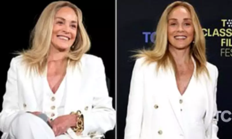 Sharon Stone, 68, Stuns in White Pantsuit at TCM Classic Film Festival