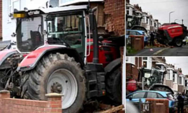 Stolen Tractor Crashes Into House, Masked Gang Flees in Getaway Car