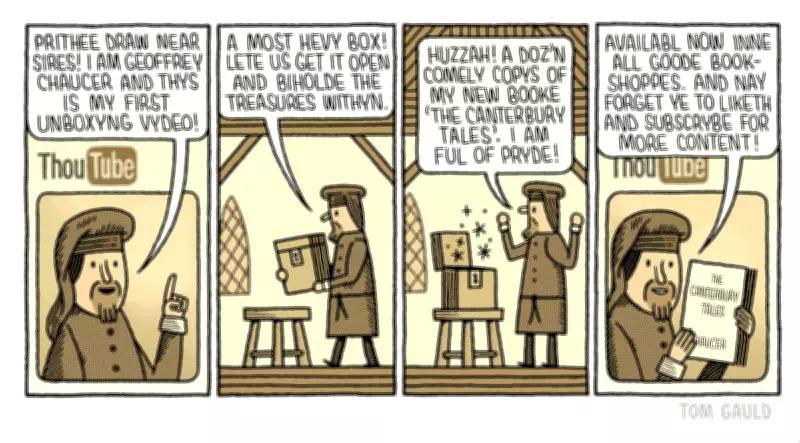 Tom Gauld Imagines Chaucer's First Unboxing Video in Cartoon