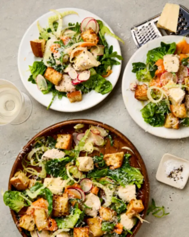 Asparagus Rice Frittata and Poached Chicken Salad with Anchovy Croutons