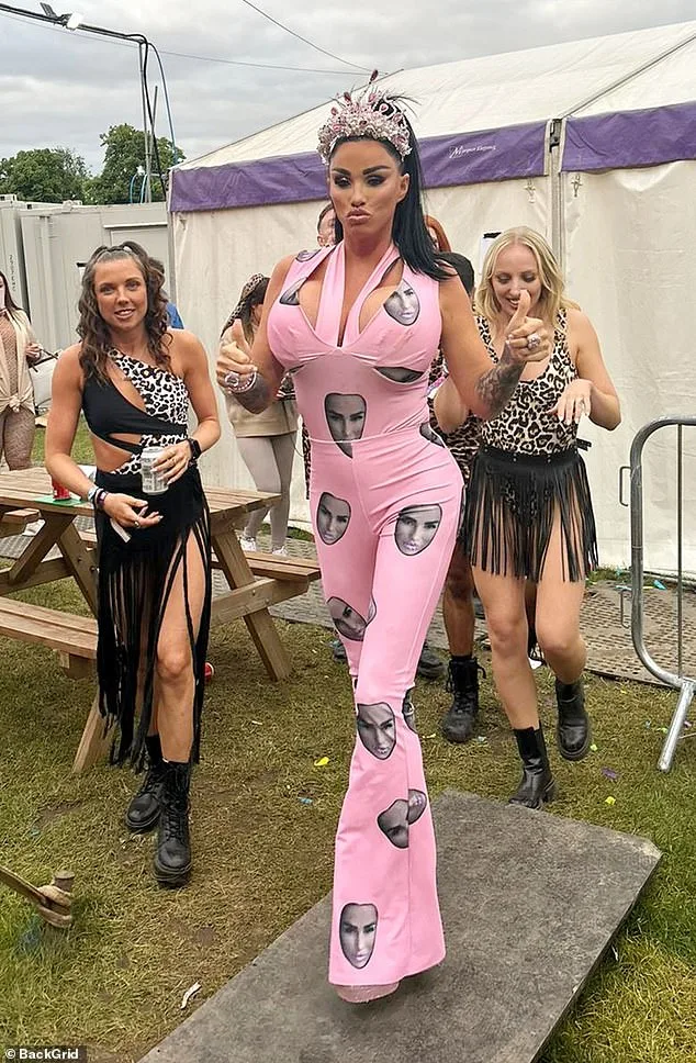 Katie Price Dons Face-Printed Jumpsuit for Mighty Hoopla Performance