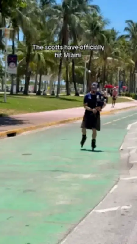 Kilted bagpiper rollerblades down Miami beach in Tartan Army takeover