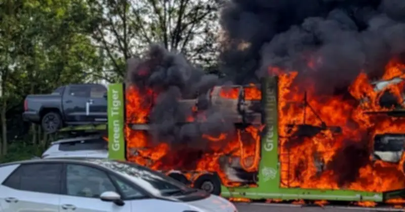 M1 Motorway Closed After Car Transporter Fire Engulfs Several Vehicles