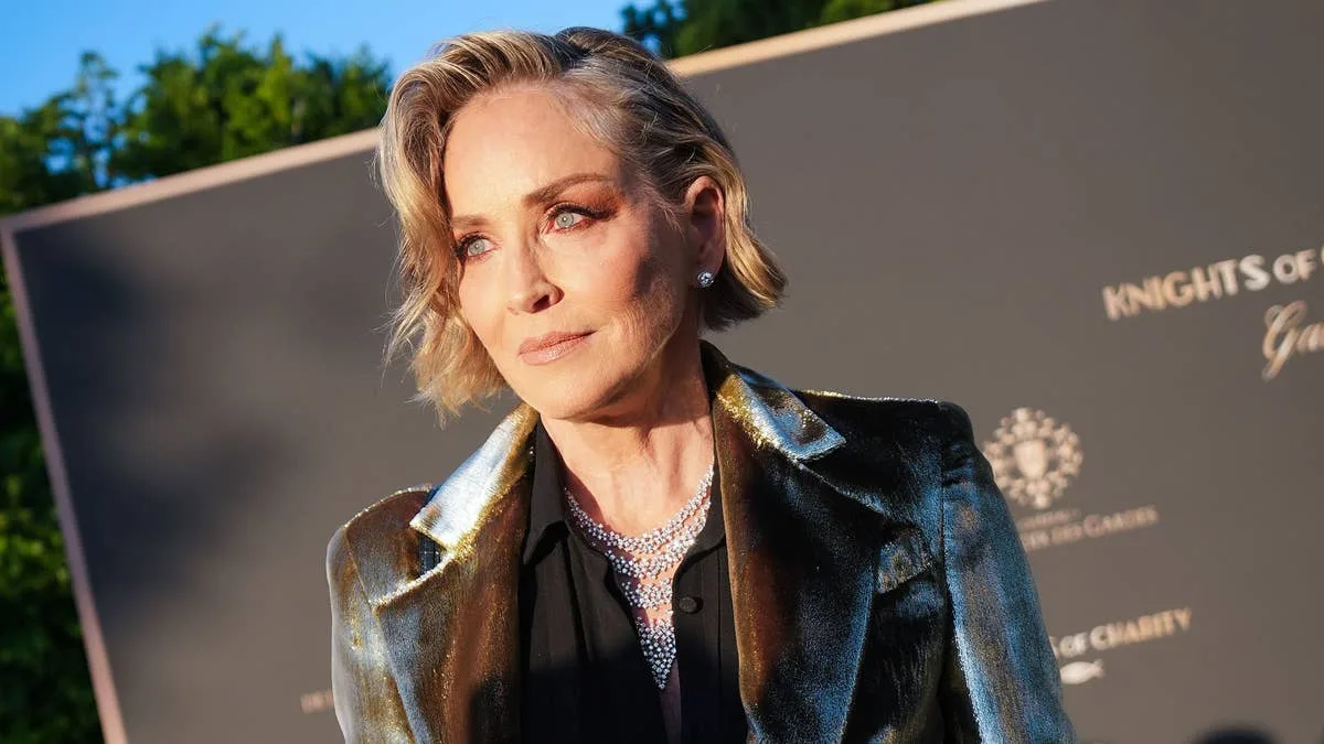 Sharon Stone dazzles in gold suit at Cannes charity gala