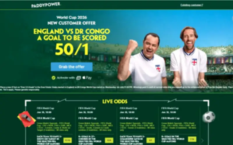Paddy Power 50/1 World Cup Offer: Goal in England vs DR Congo