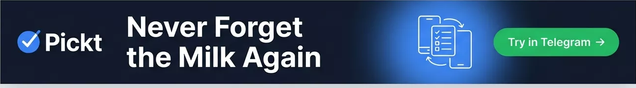 Pickt header banner — collaborative shopping lists app for Telegram with phone mockup