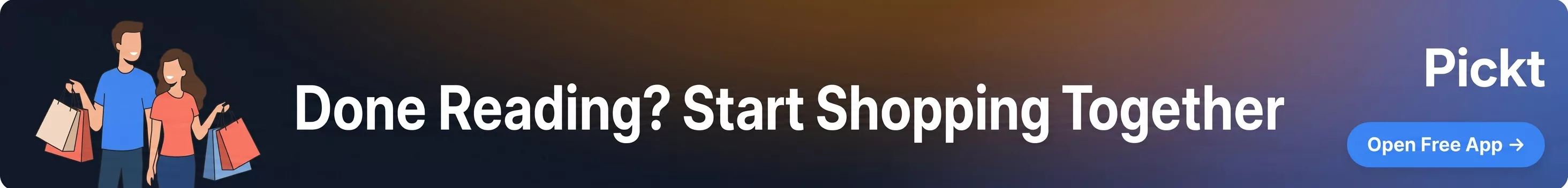 Pickt after-article banner — collaborative shopping lists app with family illustration